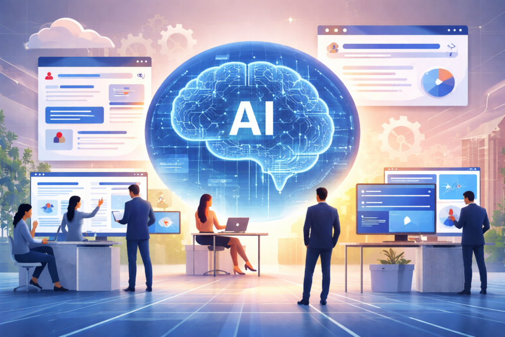 Illustration of a modern marketing team collaborating around a digital AI interface representing an AI-ready Marketing Operating Model.