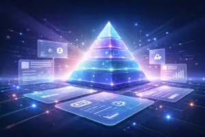 Abstract glowing pyramid with layered structure surrounded by floating digital panels, representing structured content for AI and intelligent marketing systems.