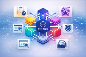 Colorful network illustration showing a central authority node connected to multiple topic clusters, representing Topical Authority SEO and structured content strategy
