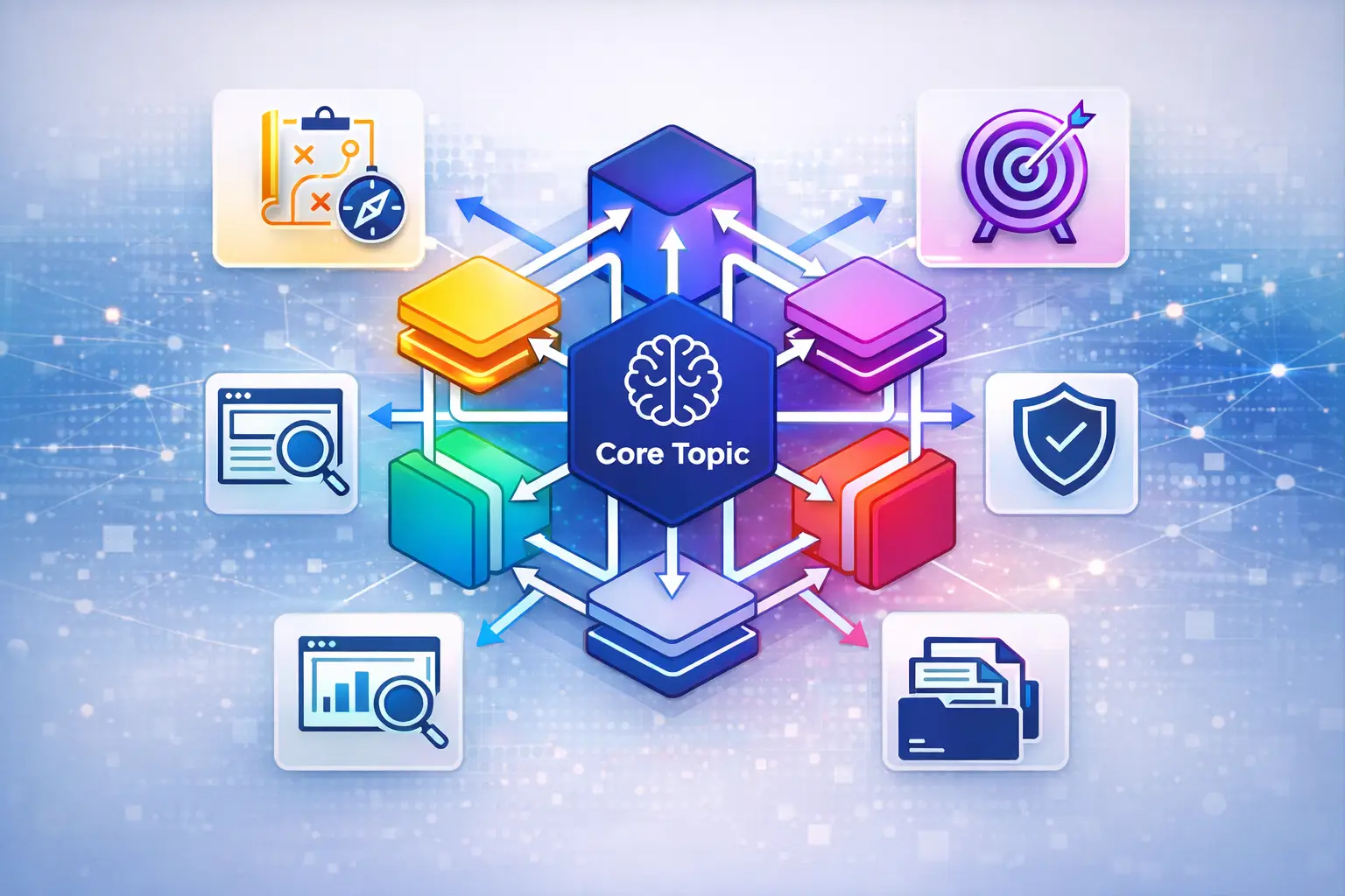 Colorful network illustration showing a central authority node connected to multiple topic clusters, representing Topical Authority SEO and structured content strategy