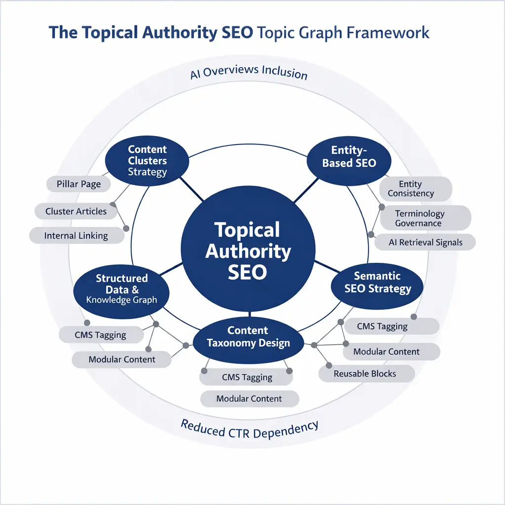 Topic graph diagram showing how Topical Authority SEO connects content clusters, entity-based SEO, semantic strategy, CMS taxonomy, and AI visibility outcomes