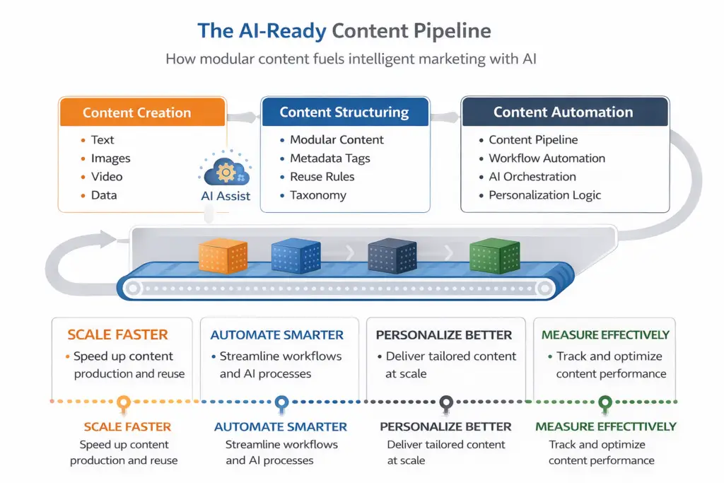 Infographic showing the AI-ready content pipeline from content creation and structuring to automation, personalization, and performance measurement.