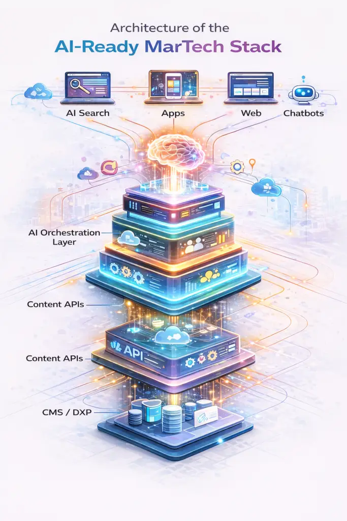 Line diagram showing the architecture of an AI-ready martech stack with layers for CMS, content APIs, customer data platform, AI orchestration, and marketing channels.
