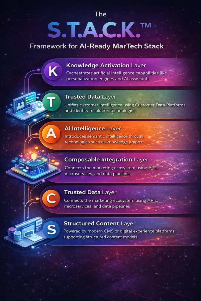 Infographic showing the S.T.A.C.K. framework for an AI-ready martech stack with five layers: structured content, trusted data, AI intelligence, composable integration, and knowledge activation.