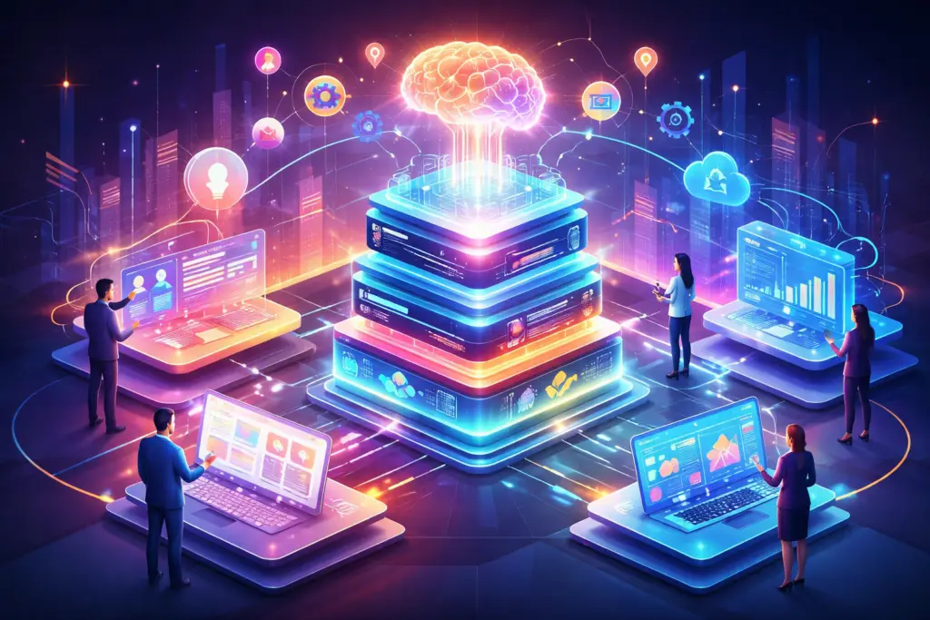 Illustration of an AI-driven marketing technology stack connecting data, content platforms, analytics systems, and AI intelligence layers.