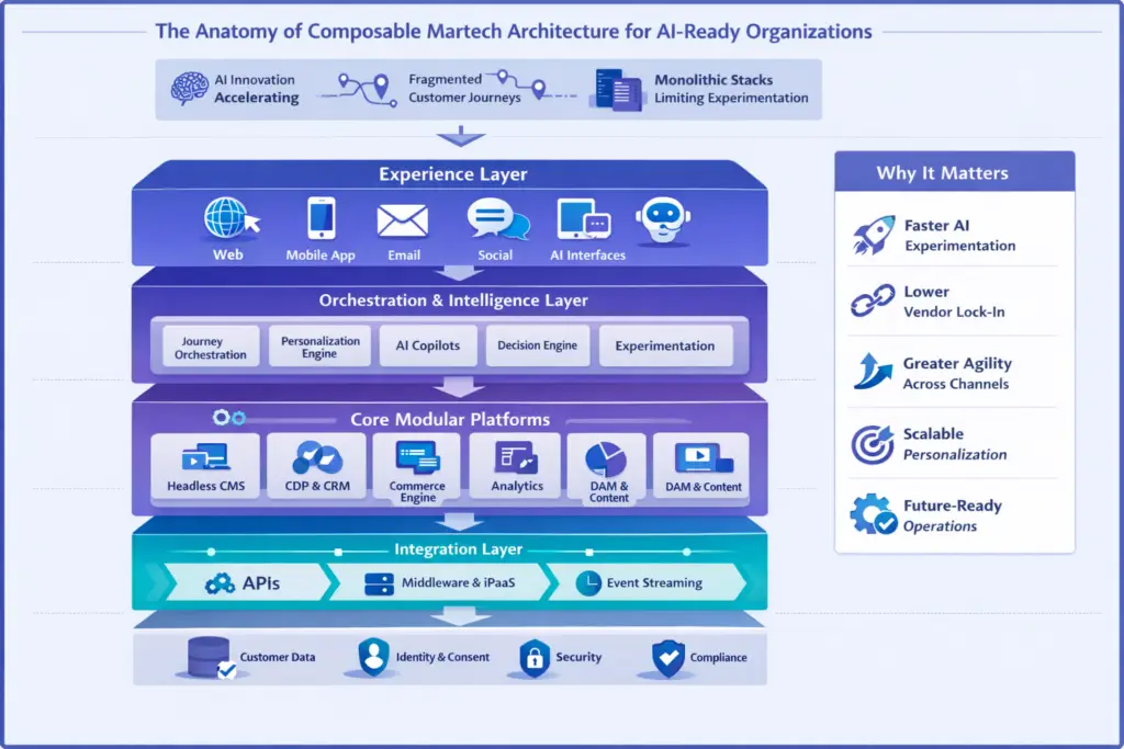 Infographic showing the layered structure of composable martech architecture for AI-ready organizations, including experience, orchestration, modular platforms, integration, and governance layers.