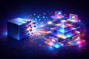 Abstract featured image showing a monolithic digital block transforming into a colorful modular martech ecosystem with connected platforms, data flows, and AI-ready architecture.