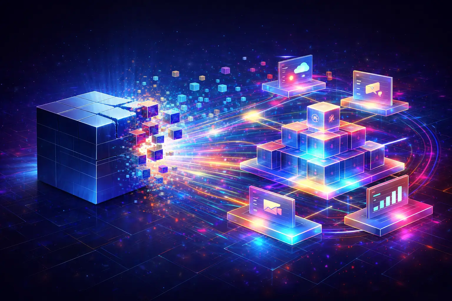 Abstract featured image showing a monolithic digital block transforming into a colorful modular martech ecosystem with connected platforms, data flows, and AI-ready architecture.