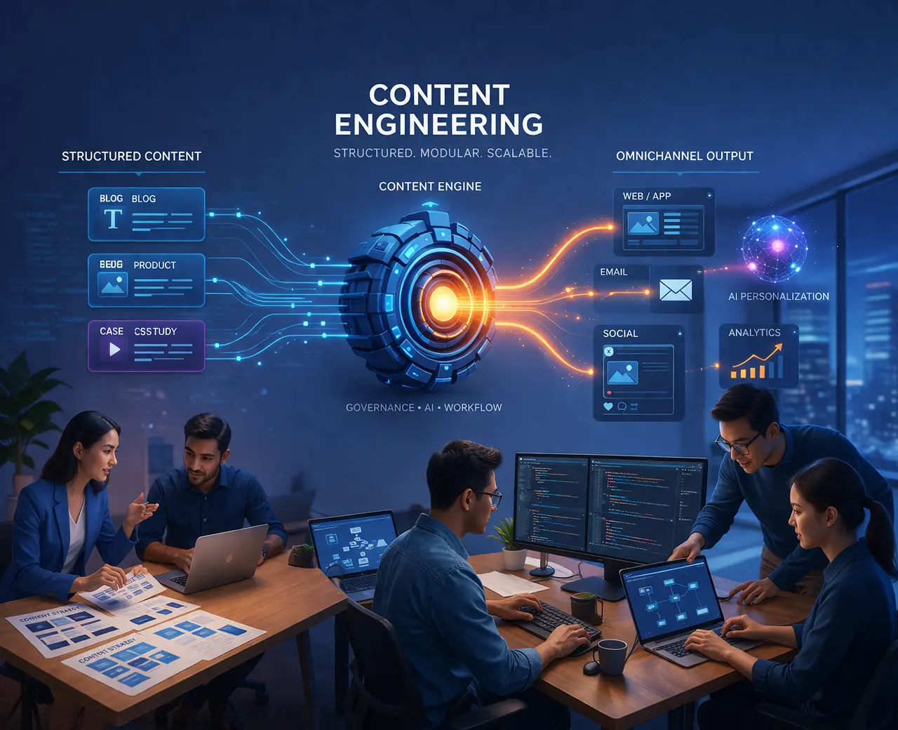 Featured image showing marketing and engineering teams connected by a glowing content system that transforms structured content into digital outputs and AI-enabled experiences.