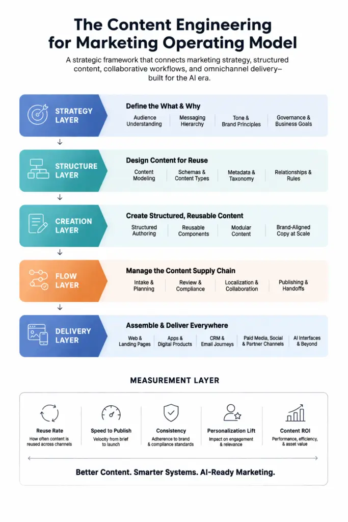 Infographic showing the Content Engineering for Marketing Operating Model with five layers: strategy, structure, creation, flow, and delivery, supported by a measurement layer for reuse, speed, consistency, personalization, and ROI.