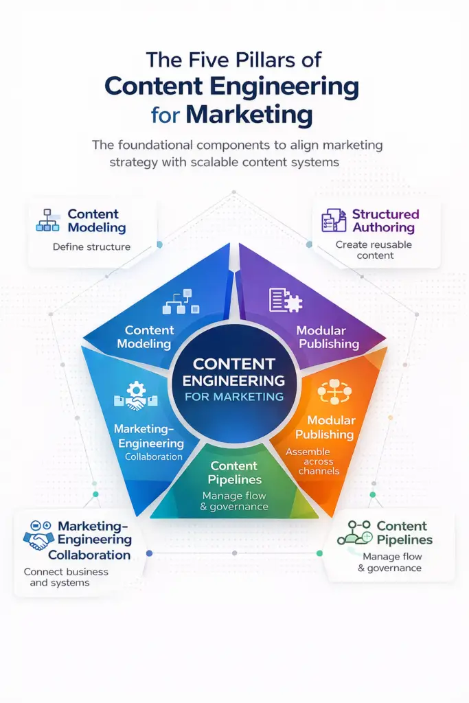 Infographic showing the five pillars of content engineering for marketing: content modeling, structured authoring, modular publishing, content pipelines, and marketing-engineering collaboration around a central content engineering framework.