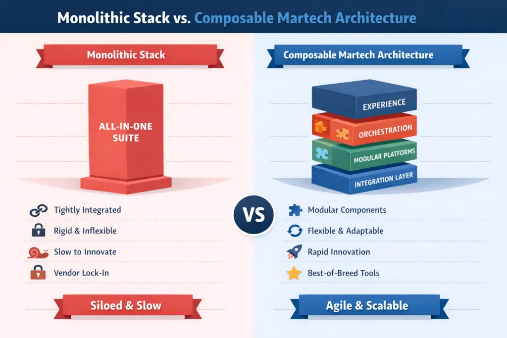 Comparison infographic showing monolithic stack versus composable martech architecture, highlighting differences in flexibility, modularity, innovation speed, vendor lock-in, and scalability.