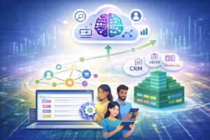 Illustration of marketers using digital devices connected to AI systems, structured data networks, and marketing technology platforms.