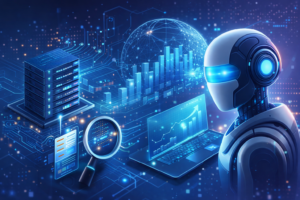 Illustration of AI-driven marketing powered by data infrastructure, featuring data pipelines, analytics dashboards, and connected systems