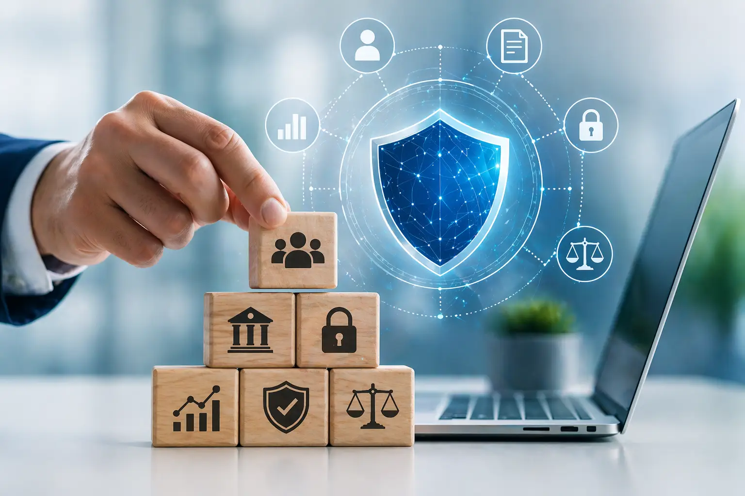 Featured image showing a corporate hand stacking governance-themed blocks beside a laptop with a glowing digital shield, representing AI governance in marketing