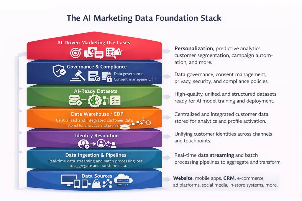 Landscape infographic showing the AI marketing data foundation stack, from data sources and pipelines to identity resolution, CDP or data warehouse, AI-ready datasets, governance, and AI-driven marketing use cases