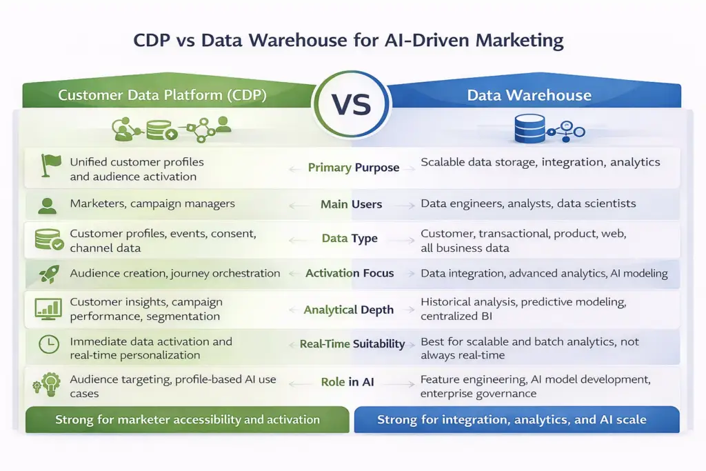A customer data platform and a data warehouse for AI-driven marketing across purpose, users, data type, activation, analytics, real-time suitability, and AI role