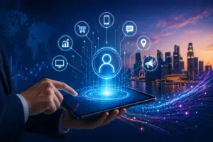 Futuristic digital marketing scene showing a customer profile connected to multiple commerce and communication channels across an APAC city skyline.
