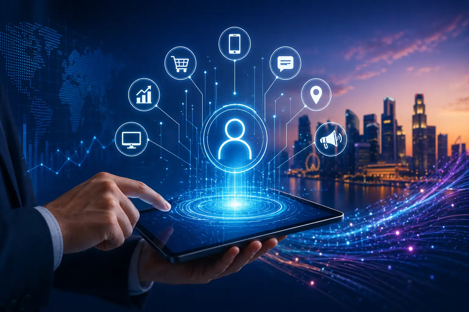 Futuristic digital marketing scene showing a customer profile connected to multiple commerce and communication channels across an APAC city skyline.