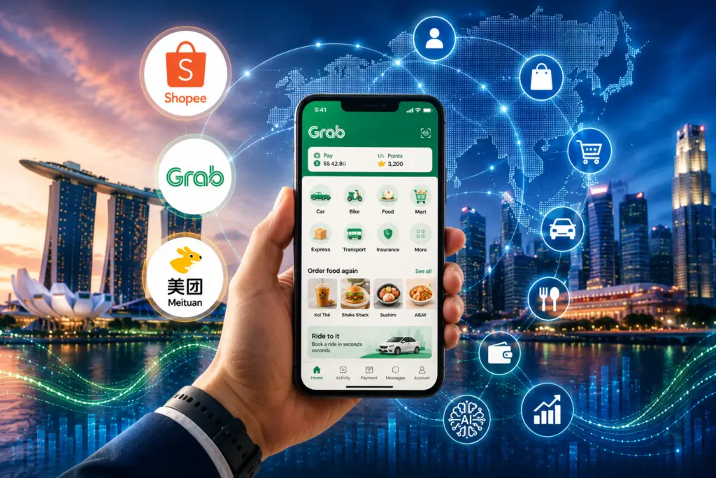 Featured image showing a Grab app screen surrounded by Shopee, Grab, and Meituan logos, representing hyper-personalisation at scale APAC across super-app ecosystems.