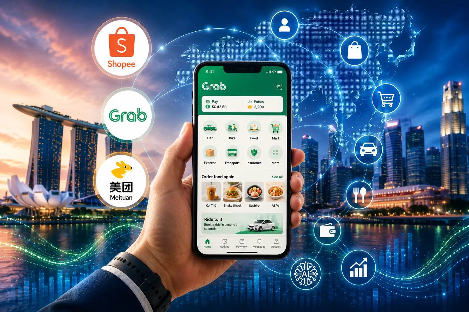 Featured image showing a Grab app screen surrounded by Shopee, Grab, and Meituan logos, representing hyper-personalisation at scale APAC across super-app ecosystems.
