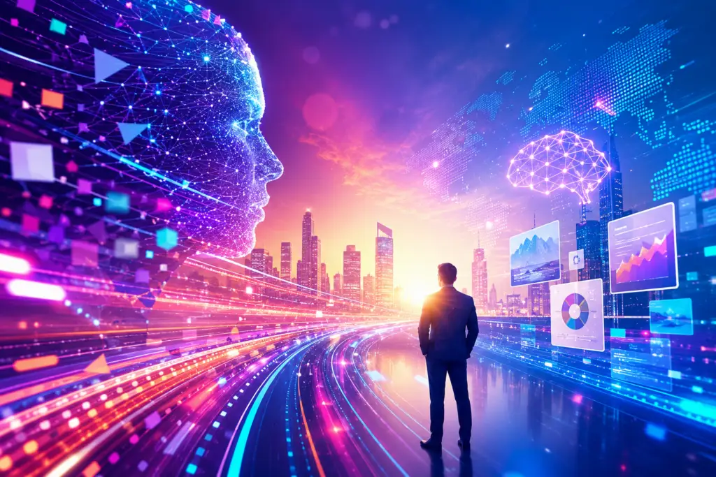 Futuristic AI-era marketing image showing a digital leader facing a vibrant data-powered cityscape with AI networks, content panels and glowing digital pathways.