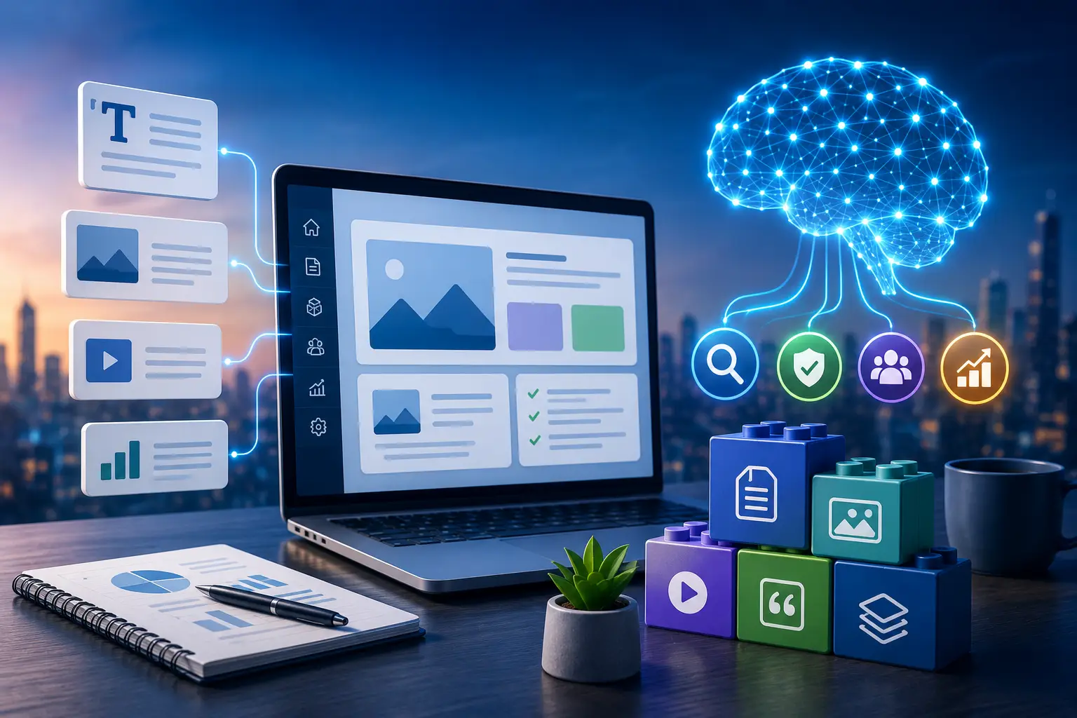 Modern digital workspace showing a CMS dashboard connected to AI search, content governance, structured content and brand visibility icons.