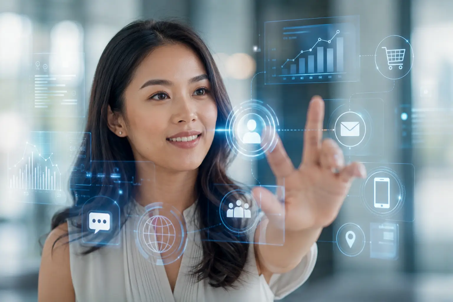 Laptop and smartphone connected to multiple digital channels through flowing data paths, representing customer journey orchestration.