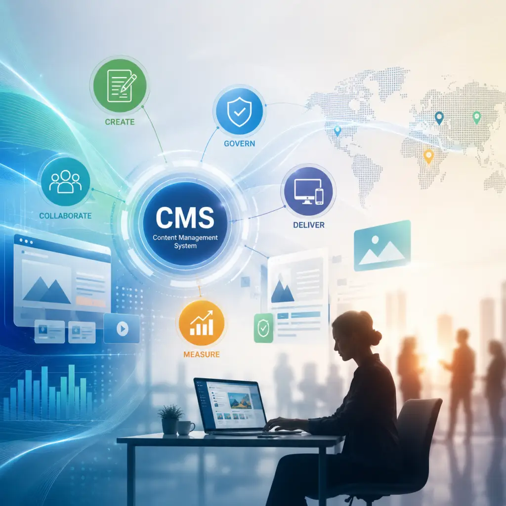 Abstract illustration of a modern Enterprise CMS amplifying human content creation, governance, delivery and performance measurement.