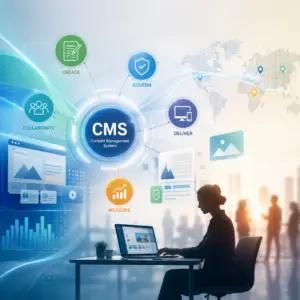 Abstract illustration of a modern Enterprise CMS amplifying human content creation, governance, delivery and performance measurement.