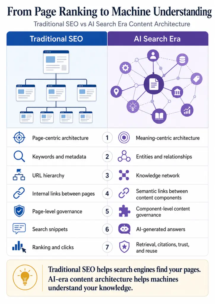 Infographic comparing traditional SEO content architecture with AI search era content architecture, showing the shift from page-centric ranking to meaning-centric machine understanding.