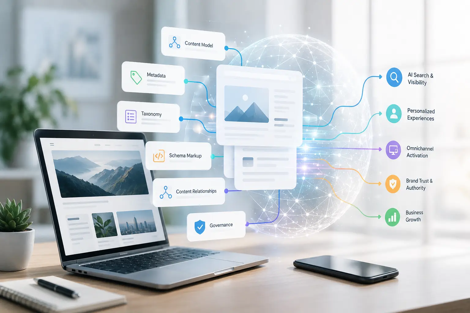 Modern workspace illustration showing structured website content, AI search visibility, personalization, omnichannel activation, brand trust, and business growth connected through an AI-powered content architecture.