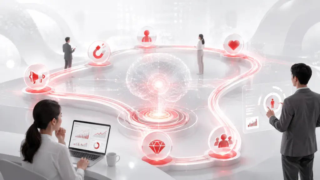 AI-powered lifecycle marketing visual showing connected customer journey stages, data signals and marketers managing personalised experiences.