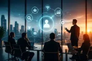 Business leaders discussing digital experience strategy with connected customer, data, technology and growth concepts in a modern boardroom.