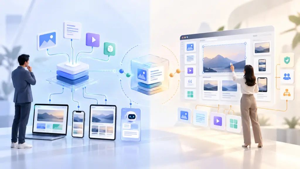 Headless CMS vs hybrid CMS comparison showing API-driven content delivery and visual authoring for modern marketing teams