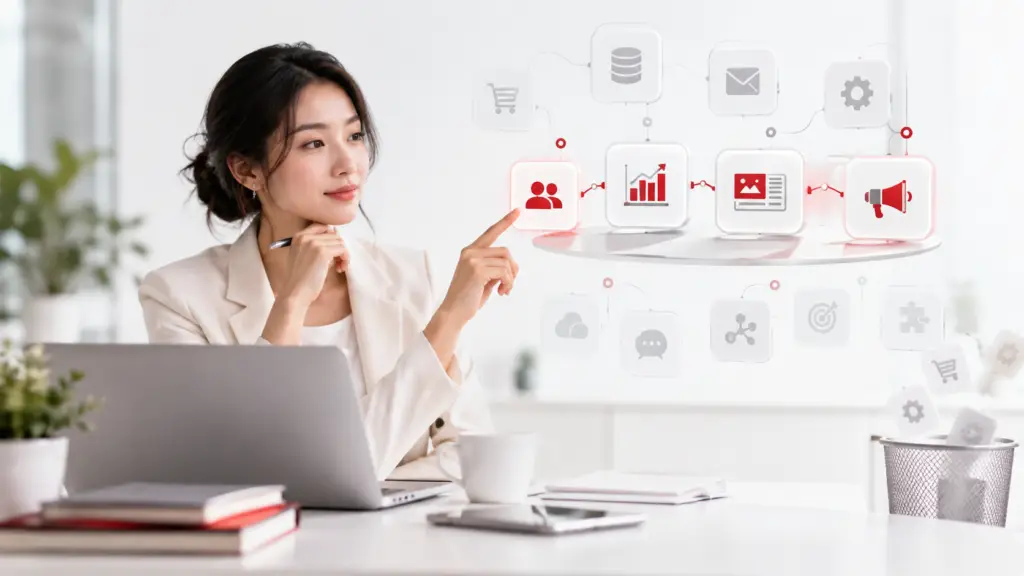 Marketing professional reviewing a streamlined MarTech stack with connected digital platforms and selected marketing capabilities.