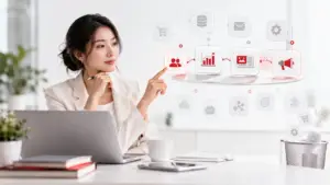 Marketing professional reviewing a streamlined MarTech stack with connected digital platforms and selected marketing capabilities.