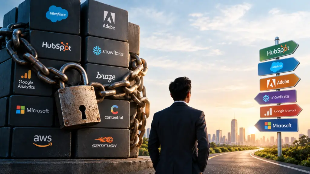 MarTech vendor lock-in illustrated by chained marketing technology platforms beside an open road representing flexibility and choice.