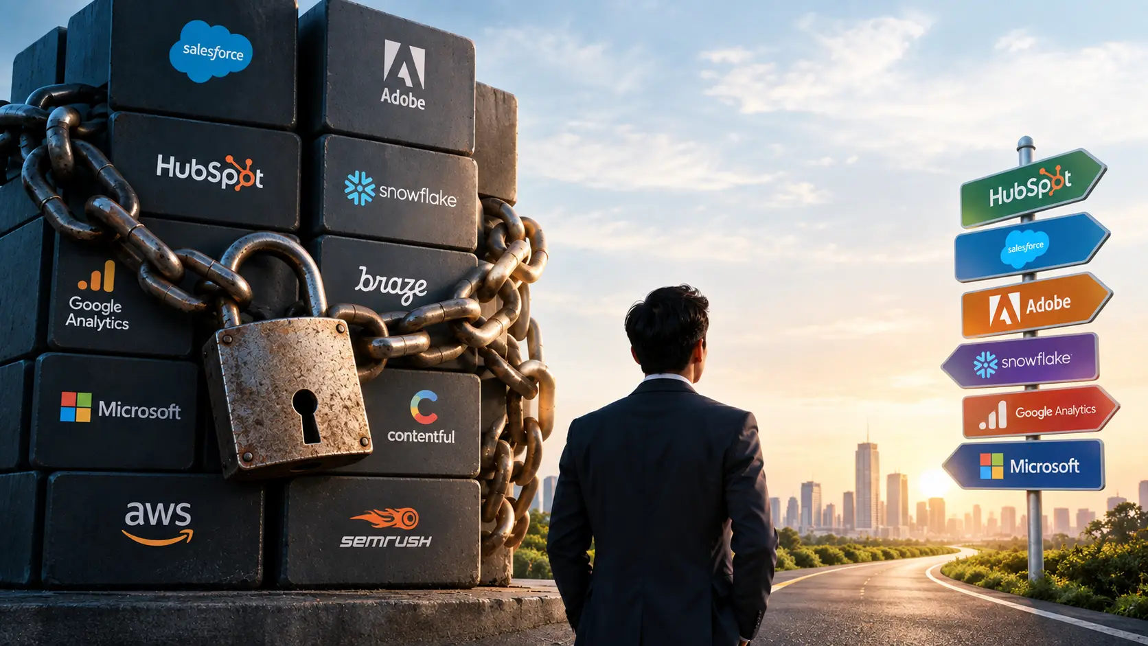MarTech vendor lock-in illustrated by chained marketing technology platforms beside an open road representing flexibility and choice.